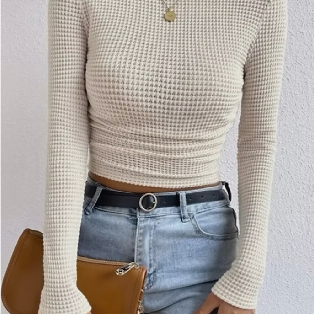 Waffle Knit Long Sleeve Crop Top - Cream